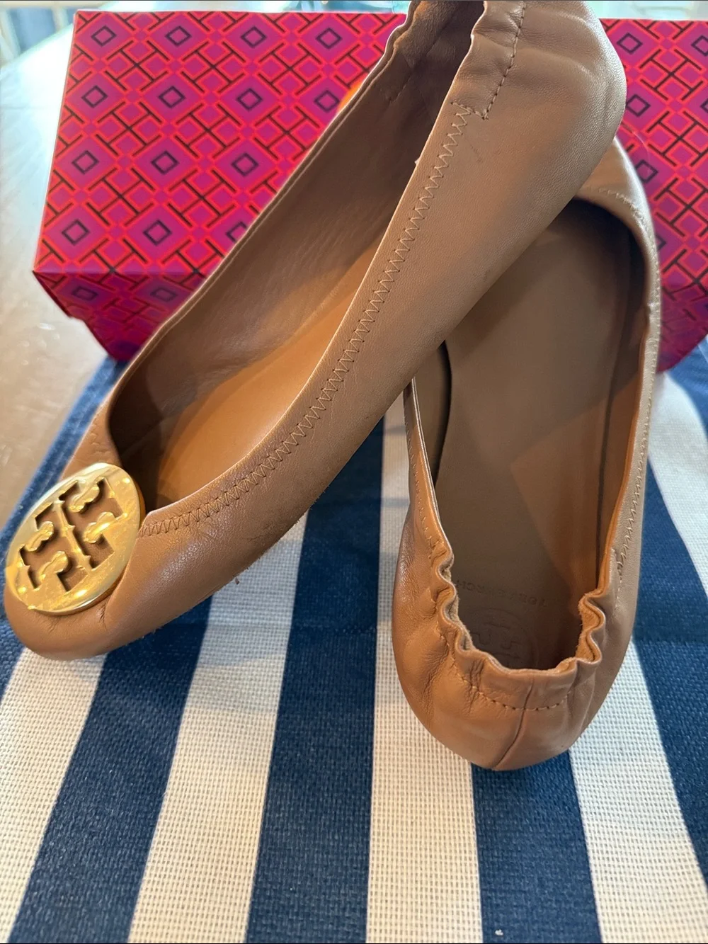 Tory Burch Royal Tan/Gold Leather Ballet Flats with Gold Logo Medallions